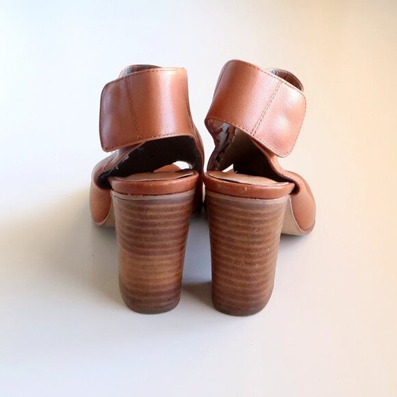 Matisse Tan Leather Peep-Toe Stacked Block Heel Bootie Shoes Size 7 - Picture 9 of 16